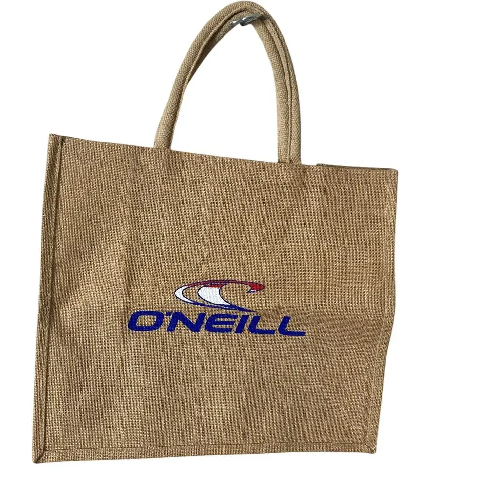 O'Neill Tote Bag Tan Jute Burlap Logo Surf Beach Shopper Reusable Y2K